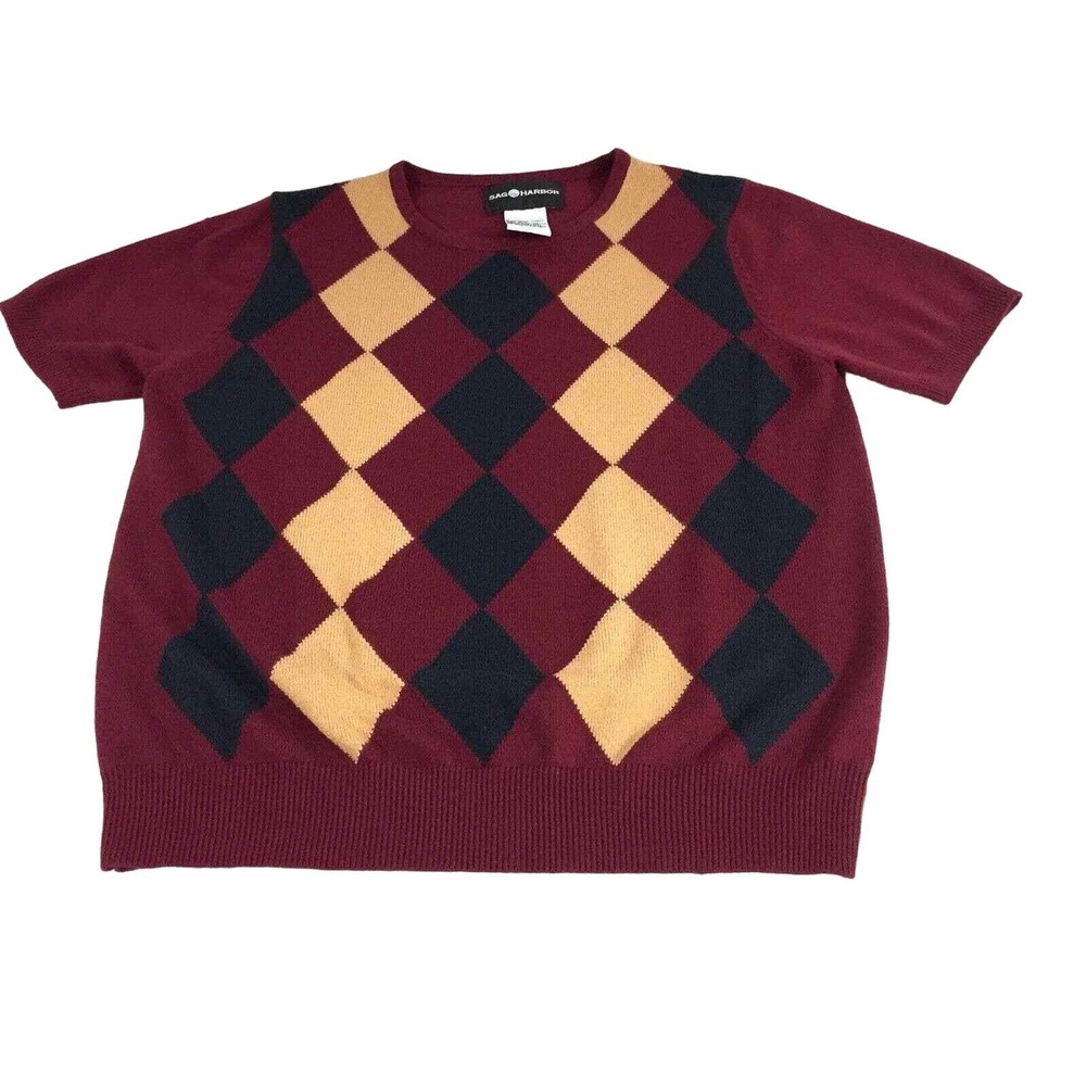 Diamond Argyle Sweater Womens Small Burgundy Tan Black Preppy Indie Pullover Top